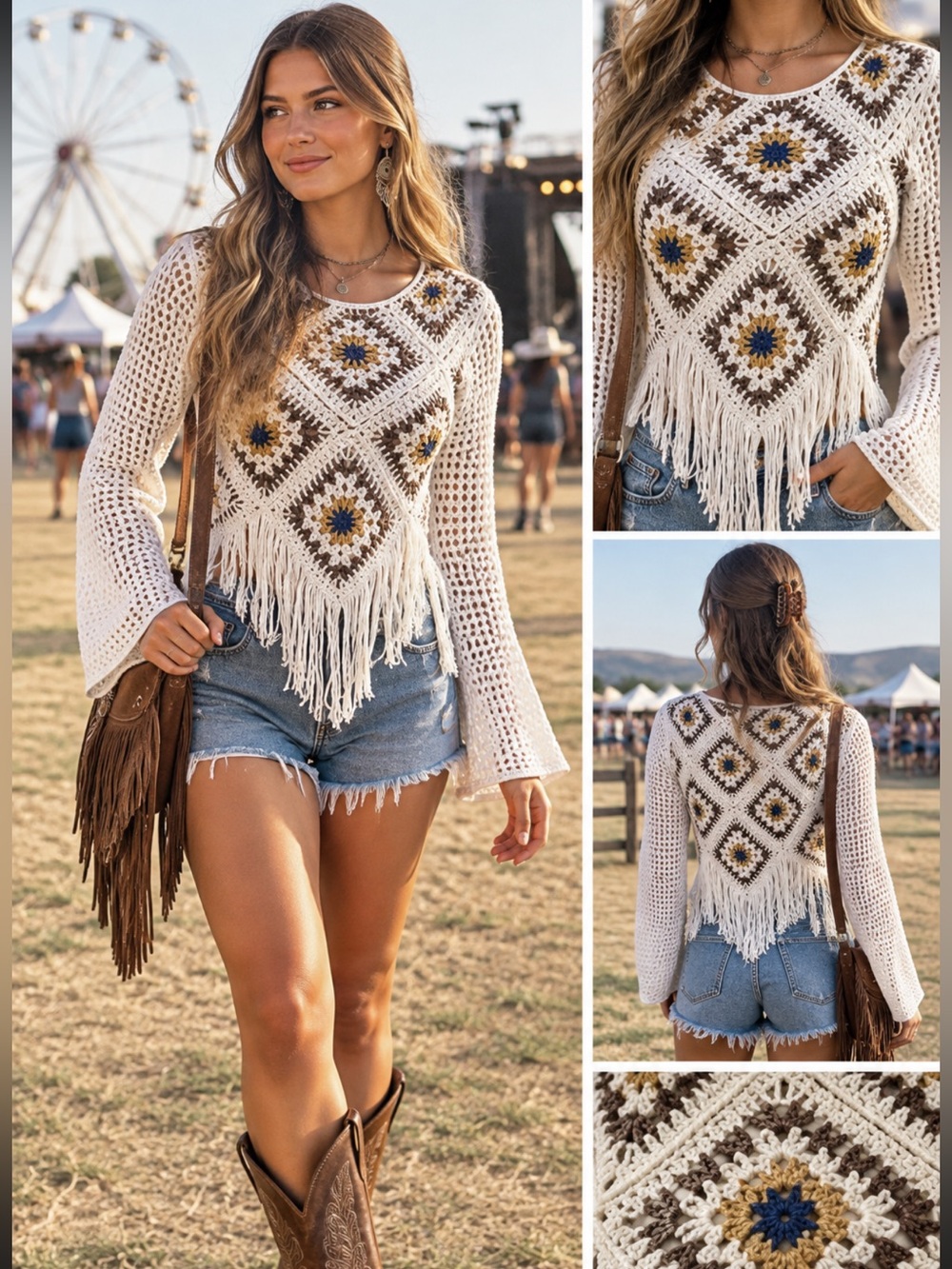 NWOT Boot Barn Handmade Crochet Granny Square long sleeve Top